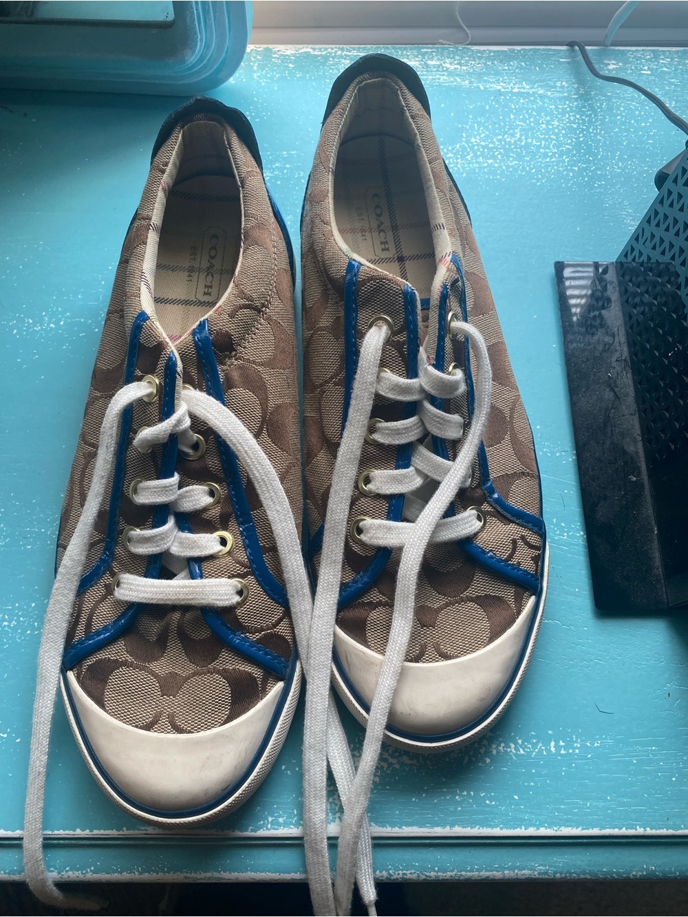 Coach Brown Canvas Sneakers with Blue Trim